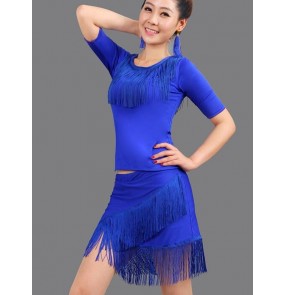 Royal blue black red fringes short sleeves round neck split set women's ladies female competition performance professional latin salsa cha cha dance dresses outfits